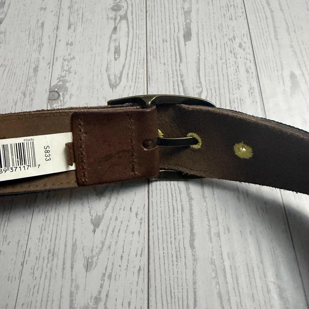 New LUCKY BRAND Embroidered Boho Brown Yellow Black Leather Belt Brass Buckle 32